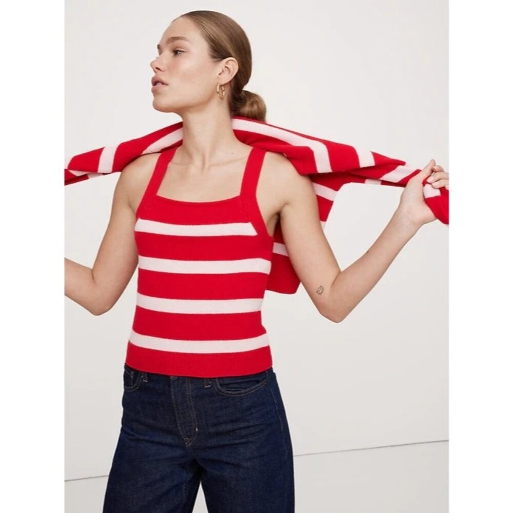 NWT Banana Republic Cashmere Square-Neck Sweater Tank in Pink Red Stripe XL